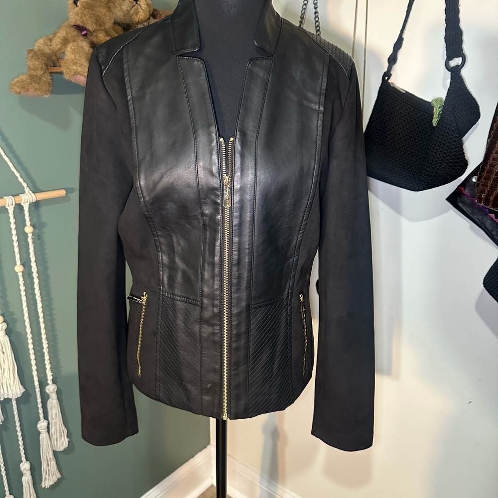 Kenneth Cole Black Moto Faux Leather Jacket with Gold Accents Size S